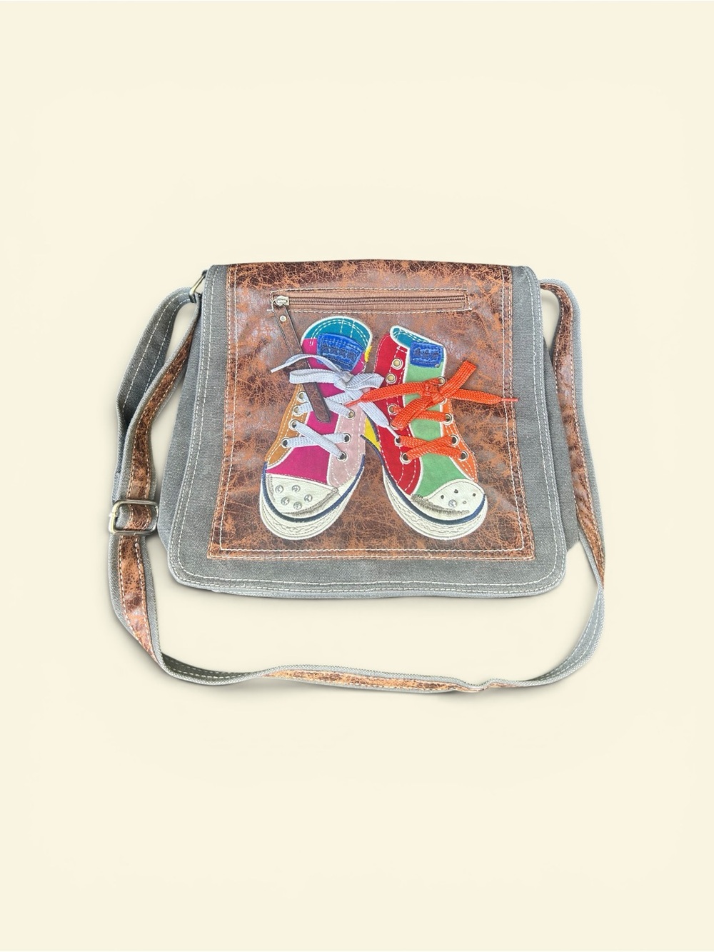 RETRO CROSSBODY MESSENGER BAG Grey Brown Canvas Shoulder Purse Fun Casual